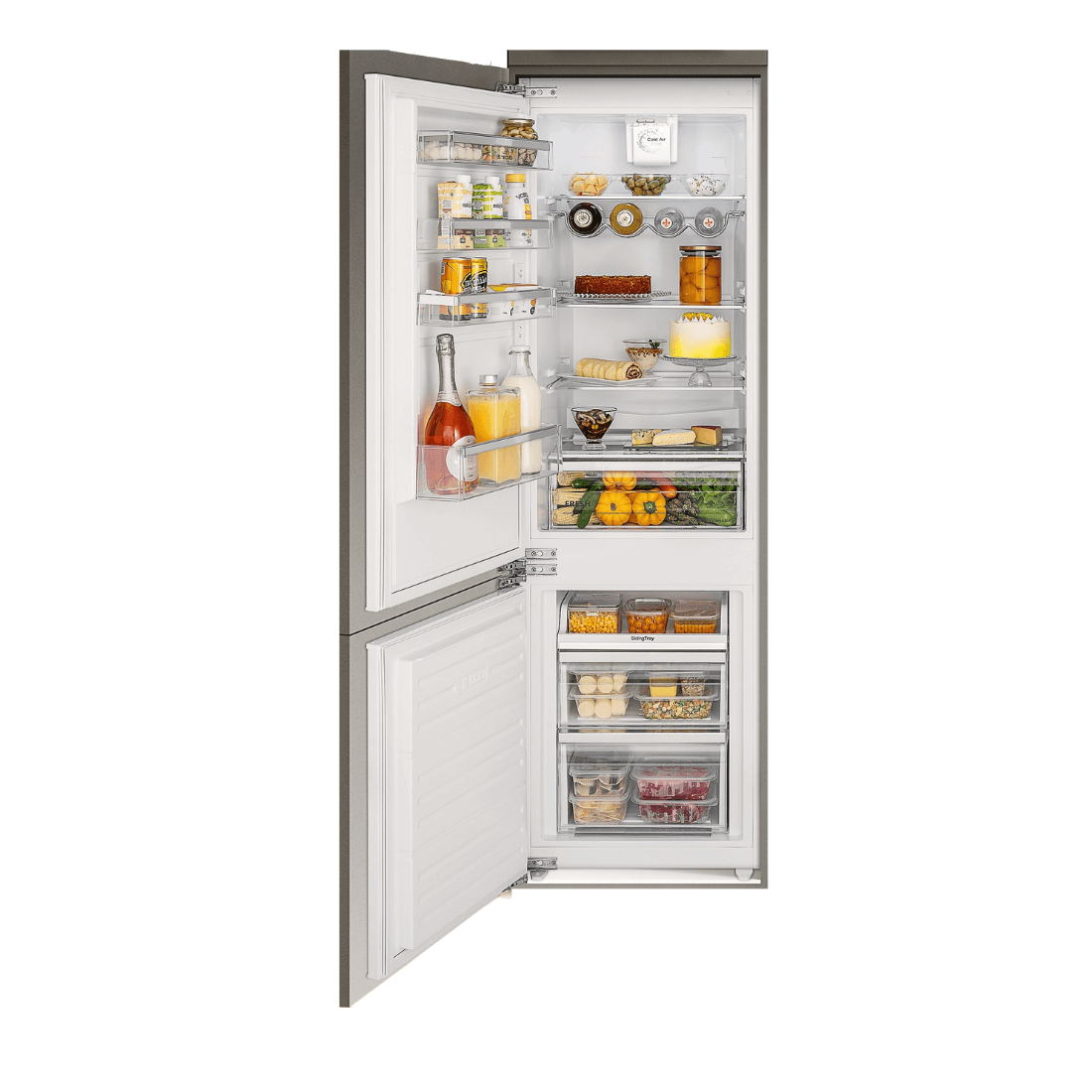 Refrigerador Tecno 233 litros com design moderno, porta aberta mostrando prateleiras e compartimentos organizados.